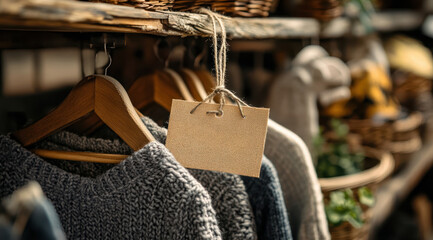 A blank tag with the eco-friendly brand hangs on wooden hangers in an organic fashion store, surrounded by various sustainable and plant-based 