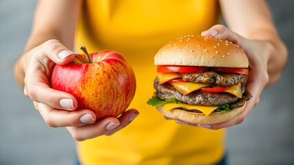 One hand holds an apple fruit. Another hand holding a hamburger Nutrition, diet, lifestyle, choosing healthy food.