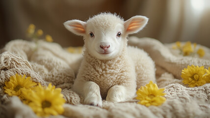 Wall Mural - A little lamb. Lamb on the straw. Lamb on wool. A lamb in a Santa hat.