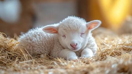 A little lamb. Lamb on the straw. Lamb on wool. A lamb in a Santa hat.