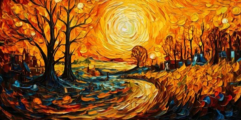 Poster - A painting of a forest with a sun in the background