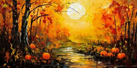 A painting of a forest with a moon in the sky and pumpkins on the ground