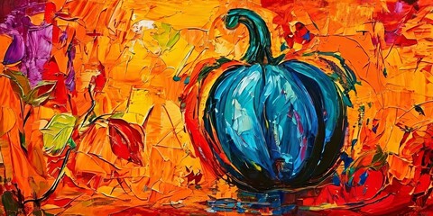 Poster - A painting of a blue pumpkin on a yellow background