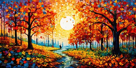 Poster - A painting of a forest with a sun in the sky