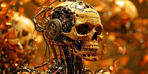 Poster - A robot head with a skull on top of it