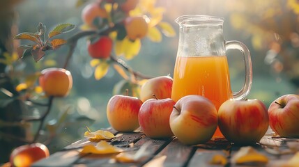 Freshly squeezed apple juice in a glass pitcher on a rustic wooden table surrounded by ripe apples from an orchard, bathed in warm sunlight.