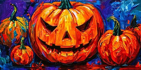 Poster - A painting of several pumpkins with one of them having a scary face