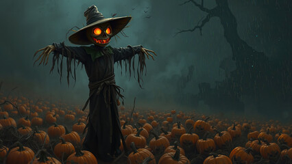 Spooky scarecrow with glowing eyes in a pumpkin field at night.