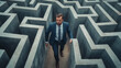 © Peachaya - A businessman searches for a way out of maze. The concept of problem-solving, challenges in business, and the determination to find solutions. Generative AI.