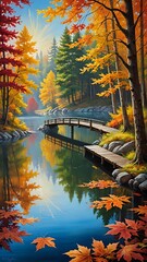 Wall Mural - A serene autumn landscape with colorful fall leaves, a calm lake reflecting the vibrant trees, a wooden bridge crossing over the lake, warm sunlight filtering through the foliage, heroic art