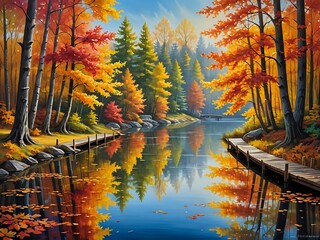 Wall Mural - A serene autumn landscape with colorful fall leaves, a calm lake reflecting the vibrant trees, a wooden bridge crossing over the lake, warm sunlight filtering through the foliage, heroic art