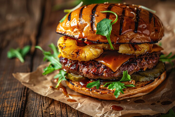 Wall Mural - Hawaiian burger topped with pineapple and arugula