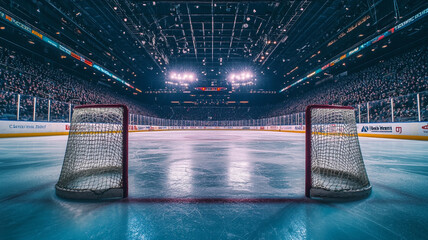 Hockey rink with goals illuminated by arena lights during a packed game night