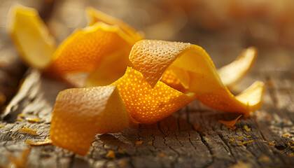 Fresh orange fruit peels on wooden table, closeup