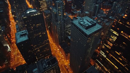 Wall Mural - Aerial drone photography of Chicago in the evening, showcasing the city’s illuminated skyline, bustling streets, and architectural landmarks against the twilight sky. 