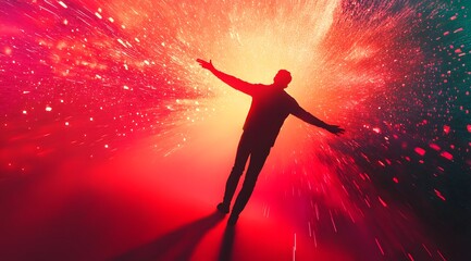 Wall Mural - Silhouette of a Man with Arms Outstretched in a Red Light Show