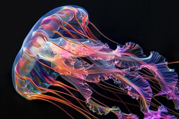 Wall Mural - A holographic jellyfish, with tentacles flowing gracefully and shifting colors.