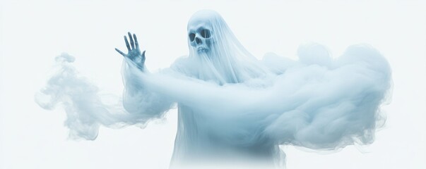  ghostly figure, transparent and eerie, floating in the air against a white background