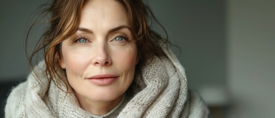 Wall Mural - Confident middle-aged woman with natural makeup posing in a beauty store, calm and poised. Free copy space for text.