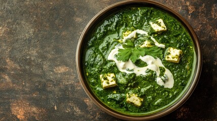 A bowl of palak paneer garnished with cream, with space on the left for text