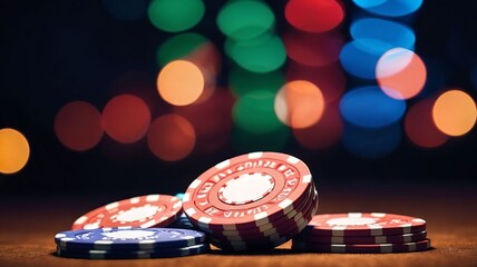 Casino poker chips on light illumination, bokeh