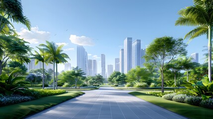 An urban park surrounded by contemporary high-rise buildings. List of Art Media Minimalist realistic