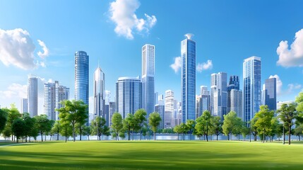 An urban park surrounded by contemporary high-rise buildings. List of Art Media Minimalist realistic