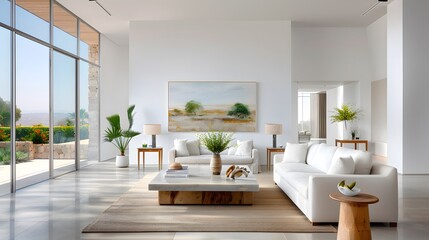 A stylish, minimalistic lobby of a high-end hotel, featuring abstract art pieces. List of Art Media Minimalist realistic