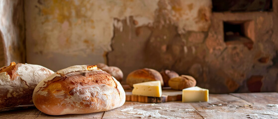 A couple of loaves of bread sit on wooden table next to a block of artisan cheese