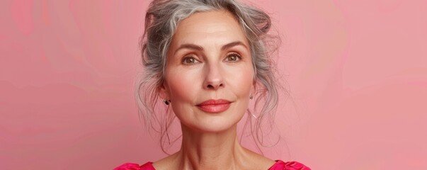 Confident middle-aged woman with natural makeup posing in a beauty store, calm and poised. Free copy space for text.