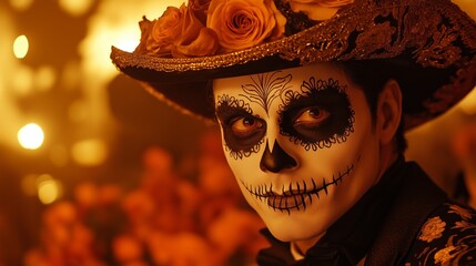 A close-up of the face and hat of an attractive man in Day of the Dead.