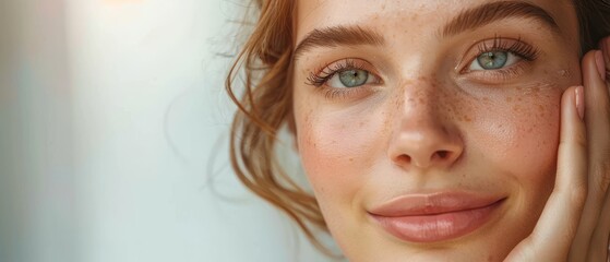 Wall Mural - Close-up of a middle-aged woman with natural makeup touching her face, radiant and relaxed. Free copy space for text.