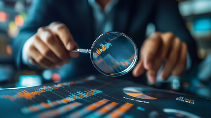 Poster - Analyst examining financial data with a magnifying glass in a modern office setting