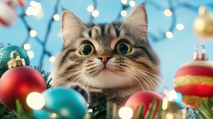 Wall Mural - A cat sitting in a field of christmas decorations with its eyes open, AI