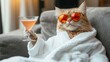 © Pic - A ginger cat wearing sunglasses and a white bathrobe holds a cocktail glass.