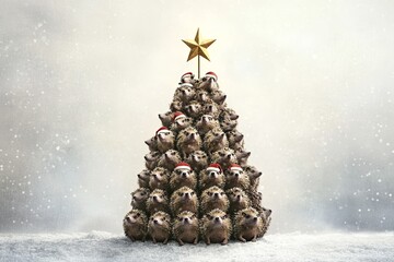 Wall Mural - A group of hedgehogs are sitting on top of a Christmas tree