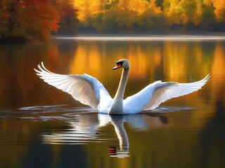 Wall Mural - An image of a white swan gracefully spreading its wings on a calm lake