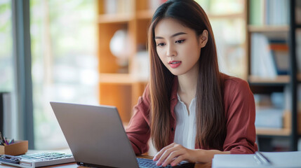 Wall Mural - Young Asian woman using a laptop to calculate budget expenses at her home office