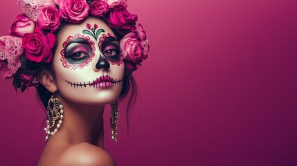 A Mexican woman wearing colorful Day of the Dead makeup on her face on a pink background.