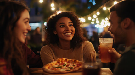 Poster - Young, diverse friends enjoying a relaxed night out, eating pizza and sipping drinks