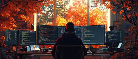 Aufkleber - A cozy, autumnal workspace with a programmer surrounded by screens.