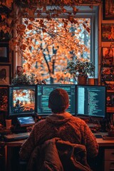Aufkleber - A cozy, autumnal workspace with a programmer surrounded by screens.