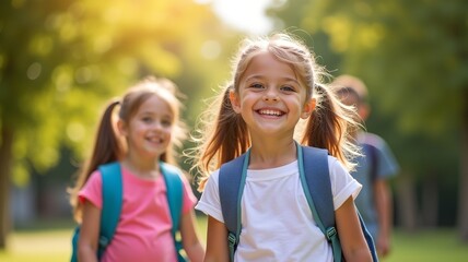 Happy children go to school on 1-st September. Outdoor portrait of smiling kids. Education concept.