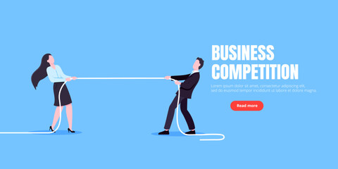 Business people play tug of war by pulling the rope. Business concept of competition in office space with two leaders, flat style design vector illustration. Confrontation and conflict metaphor