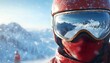 © TigerDude - Ski goggles with reflection on snow mountain landscape, close-up face portrait in red helmet and mask, professional skier standing at winter resort background.