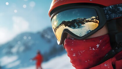 Ski goggles with reflection on snow mountain landscape, close-up face portrait in red helmet and mask, professional skier standing at winter resort background.