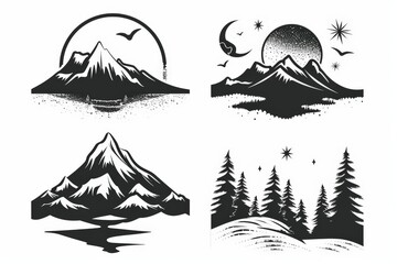 Wall Mural - Set of mountain and river emblem logo design with black outdoor nature line art icon vector illustration on white background