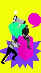 Wall Mural - Young man sitting on block and working on laptop, other man pushing this block. Stop motion, animation. Creating message to reach target audience. Concept of public relations, marketing and management