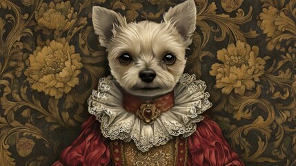 A Yorkshire Terrier dog wearing a red and white renaissance style costume with gold trim and a jeweled collar, against a gold floral backdrop.