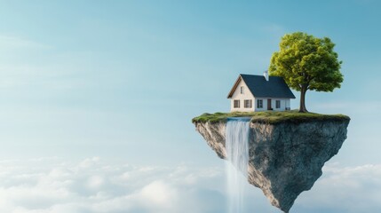 Canvas Print - A house floating on a cliff with tree and waterfall, AI